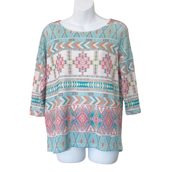 Akemi + Kin Shirt Womens Medium Aztec Teal/Pink Dolman 3/4 Sleeve Summer Knit - Picture 1 of 11